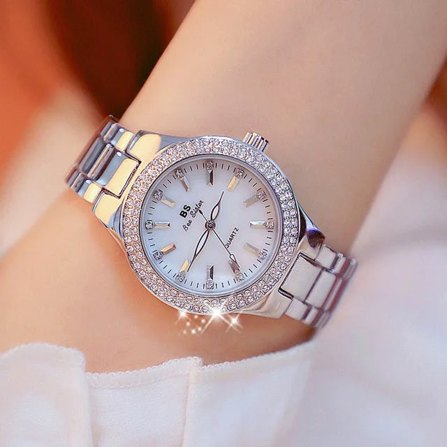 Relojes de pulsera de acero inoxidable para mujer, reloj dorado con diamantes de cristal, plateado
