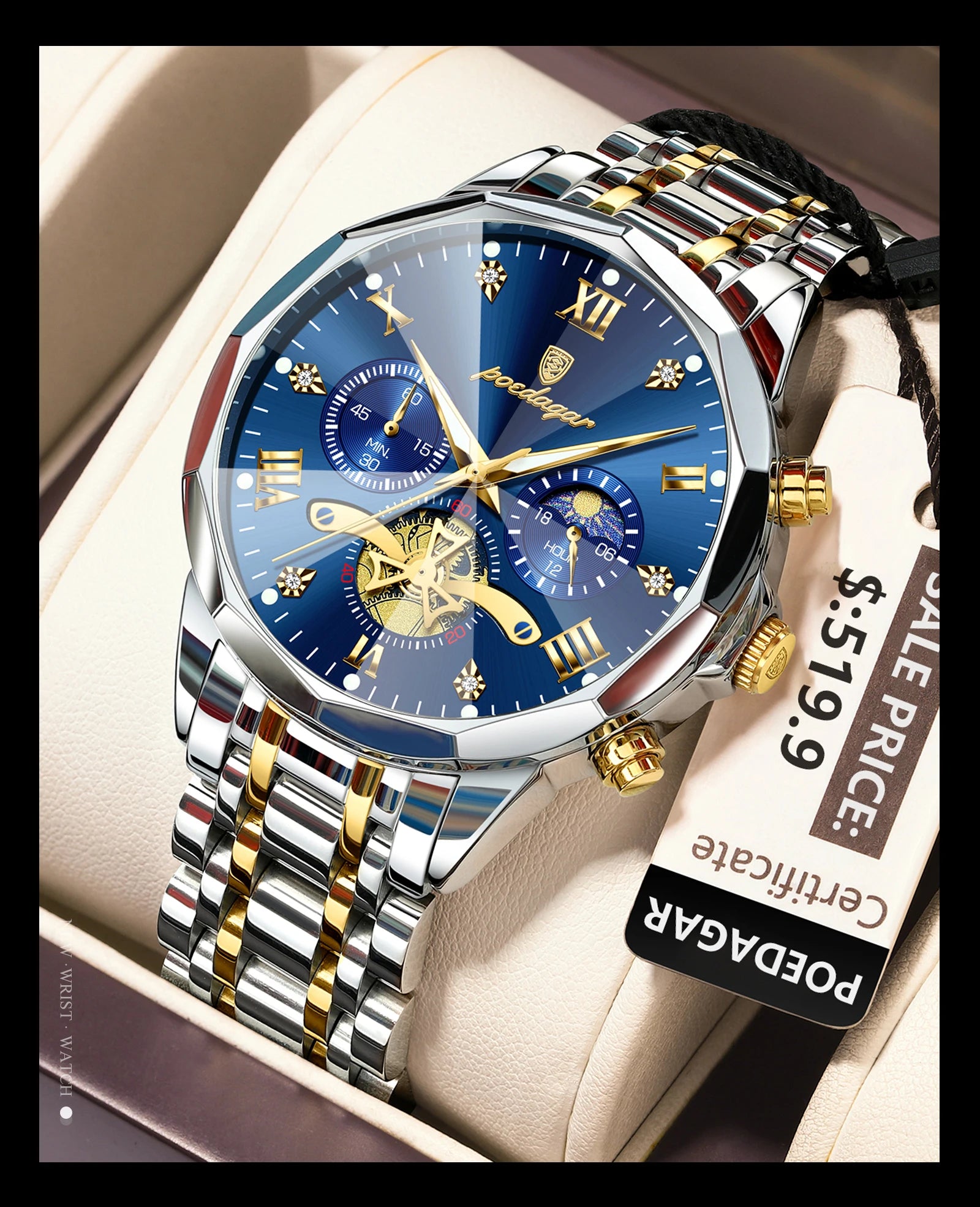 Reloj POEDAGAR de lujo para hombre, Reloj de pulsera Original resistente al agua con cronógrafo luminoso para hombre, relojes de cuarzo de acero inoxidable para hombre