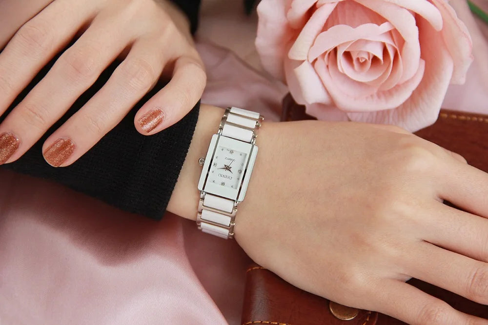 Marca de lujo CHENXI, reloj elegante para mujer con diamantes de imitación, blanco, plateado, pulsera de cerámica Simple y elegante, reloj de pulsera informal de cuarzo para mujer