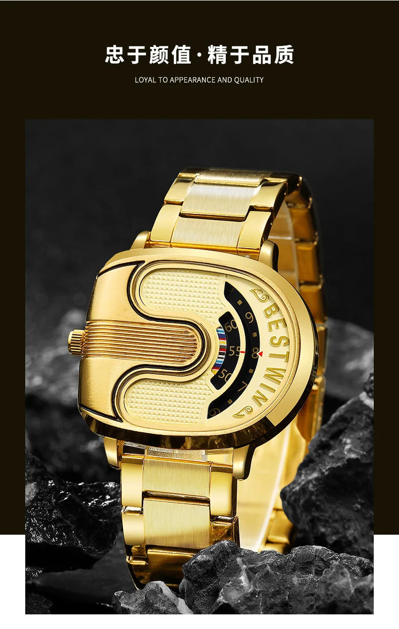 Relojes dorados de lujo para hombre, diseño único, banda de acero inoxidable, Dropship dorado, reloj masculino de alta calidad