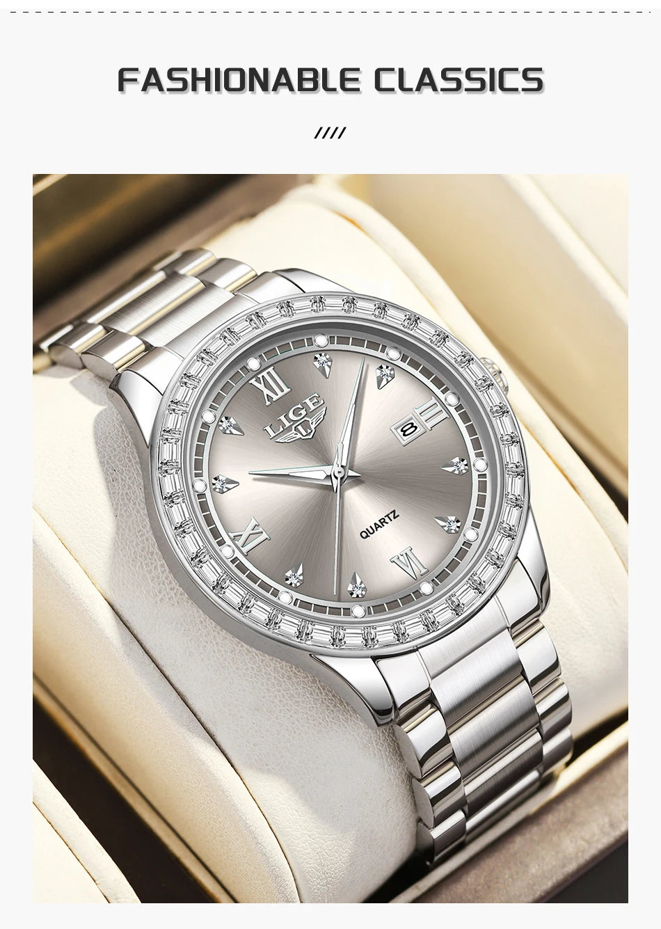 Reloj LIGE elegante para mujer, reloj resistente al agua a la moda, reloj luminoso de cuarzo de negocios de acero inoxidable para mujer, reloj de mujer + caja