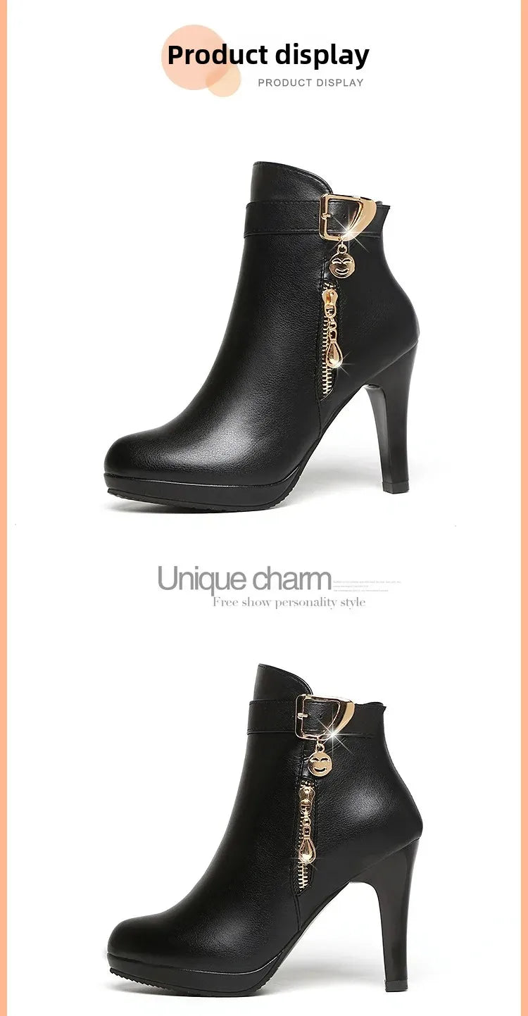 Botas cortas sexis de tacón alto con punta redonda para mujer, moda de invierno, nuevo estilo, diseño Simple, tacón fino, cierre de cremallera, Color sólido