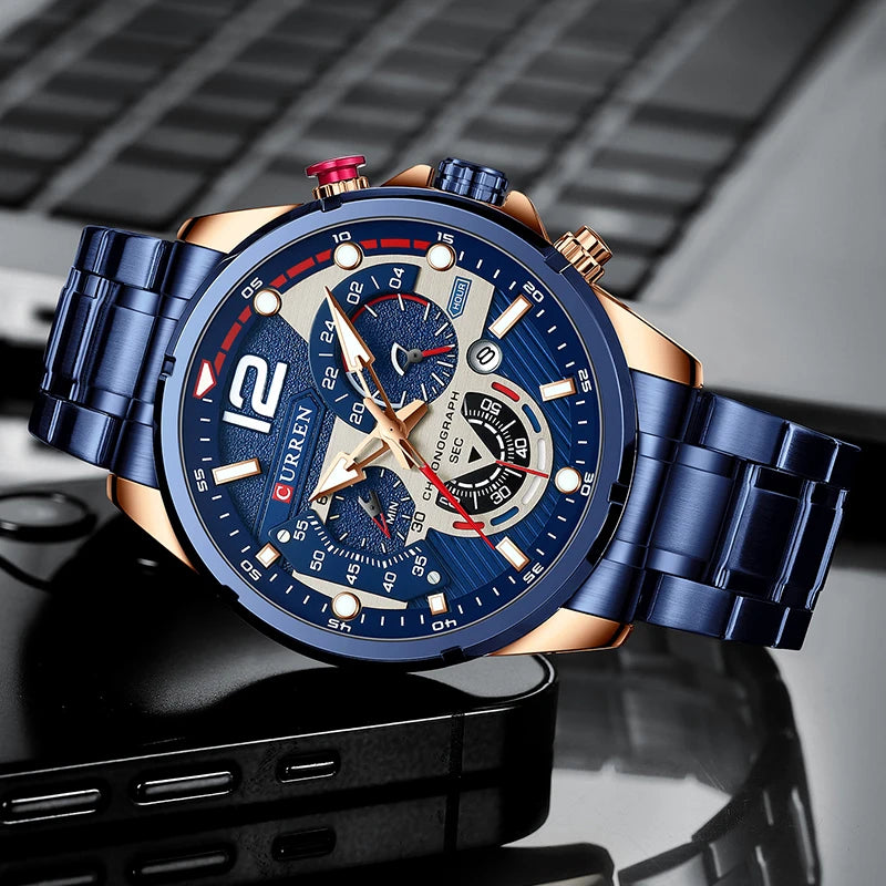 Nuevos relojes CURREN verdes para hombre, relojes de cuarzo de acero inoxidable de lujo de primeras marcas, reloj deportivo con fecha para hombre, reloj de pulsera resistente al agua