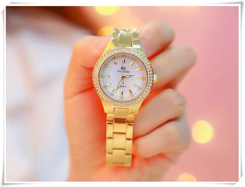 Relojes de pulsera de acero inoxidable para mujer, reloj dorado con diamantes de cristal, plateado