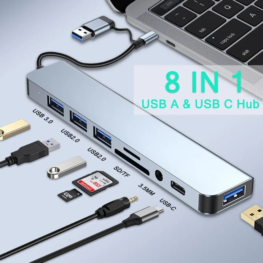 8-in-2 USB-C Hub – USB 3.0, SD/TF Card Reader & 3.5mm Audio for MacBook & Laptop