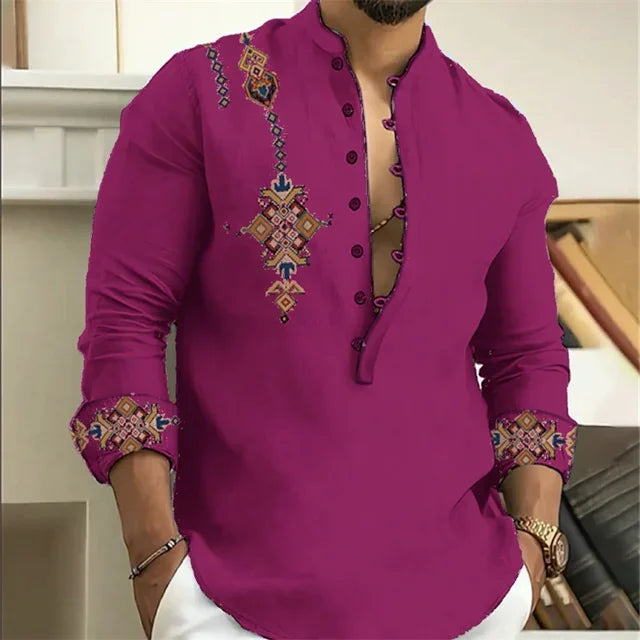 2025 Men's Shirt 15 Colors Tribe Pattern Printing Retro Geometry Leads Outdoor Street Long Sleeve Shirt Super Large Size S-5XL