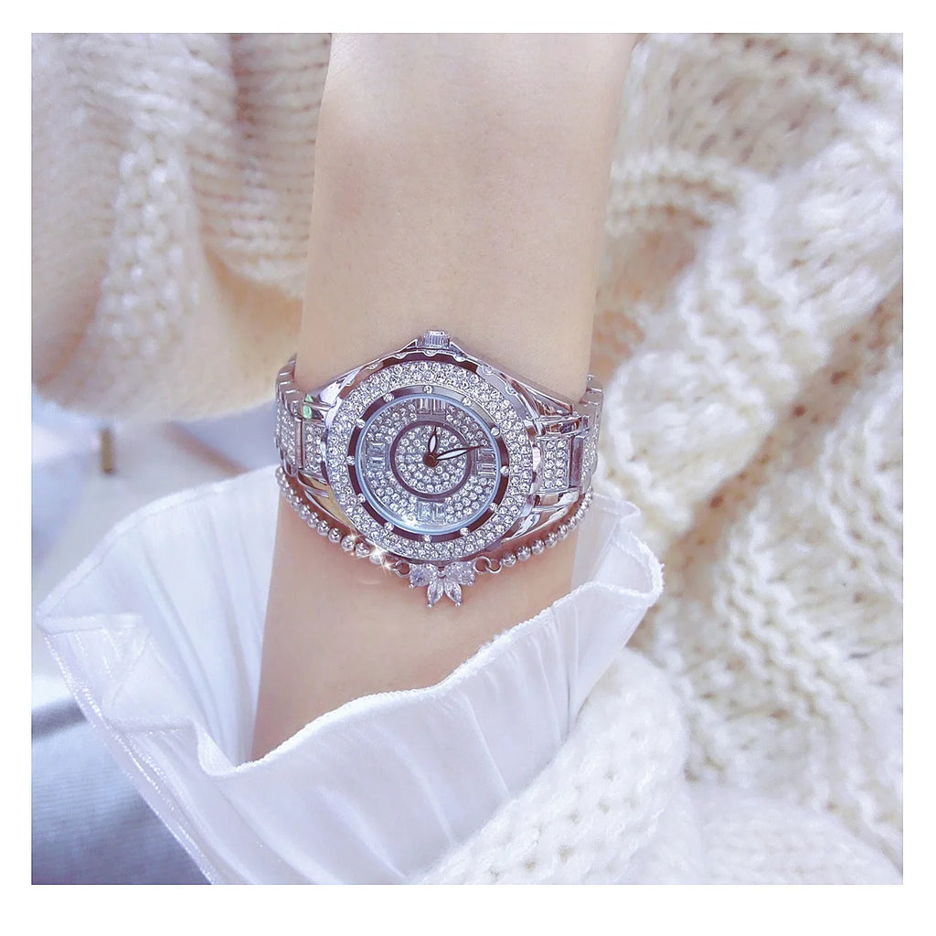 2025 relojes de diamantes de cristal para mujer, reloj elegante Original de oro para mujer con conjunto de pulsera, regalo de oro rosa para novia y esposa