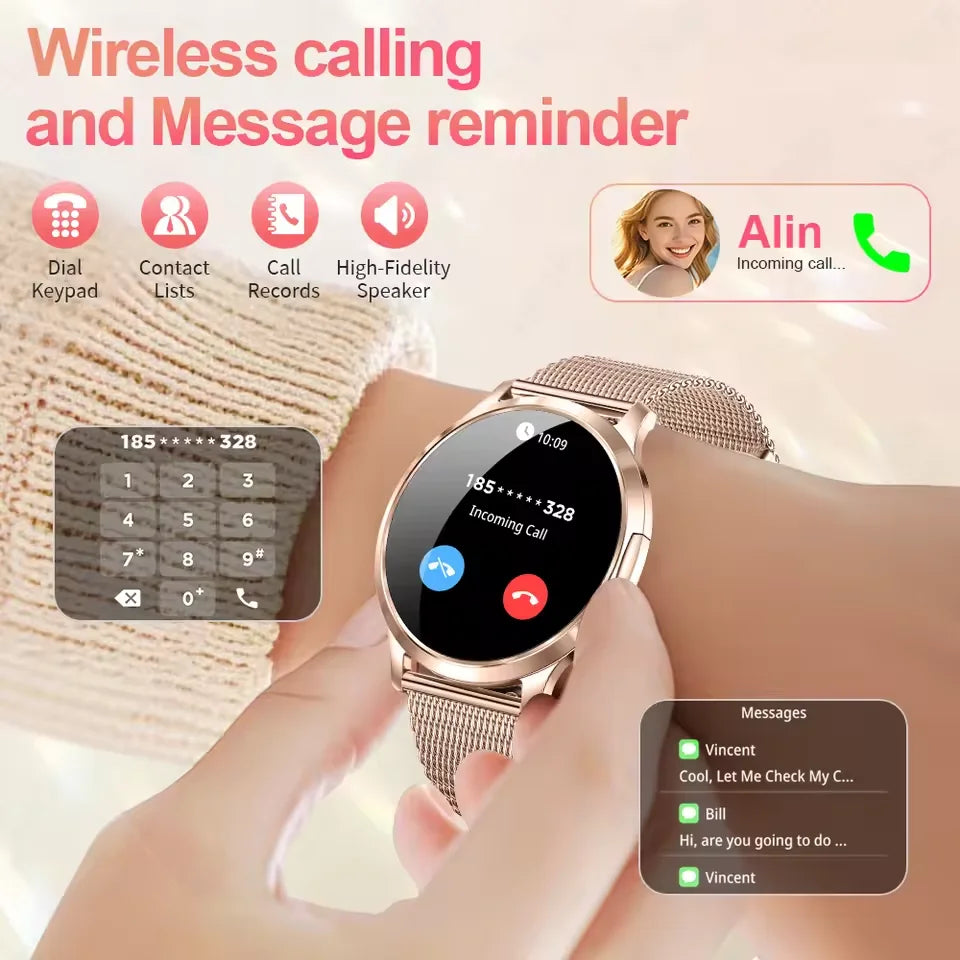 Nuevo reloj inteligente para mujer 1,32 "AMOLED pantalla completamente táctil Bluetooth llamada presión arterial IP68 impermeable NFC 7,3mm pulsera ultrafina