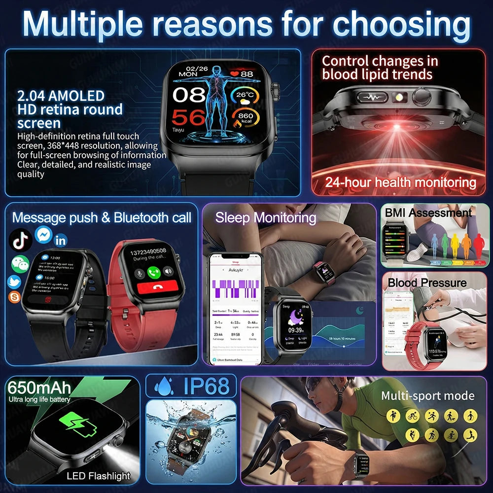 Nuevo Reloj Inteligente de Salud Nivel Hospitalario 2026 con Medición de Grasa Corporal, ECG, Oxígeno en Sangre, Presión Arterial, Pantalla AMOLED HD, Llamadas y Funciones Deportivas para Hombre