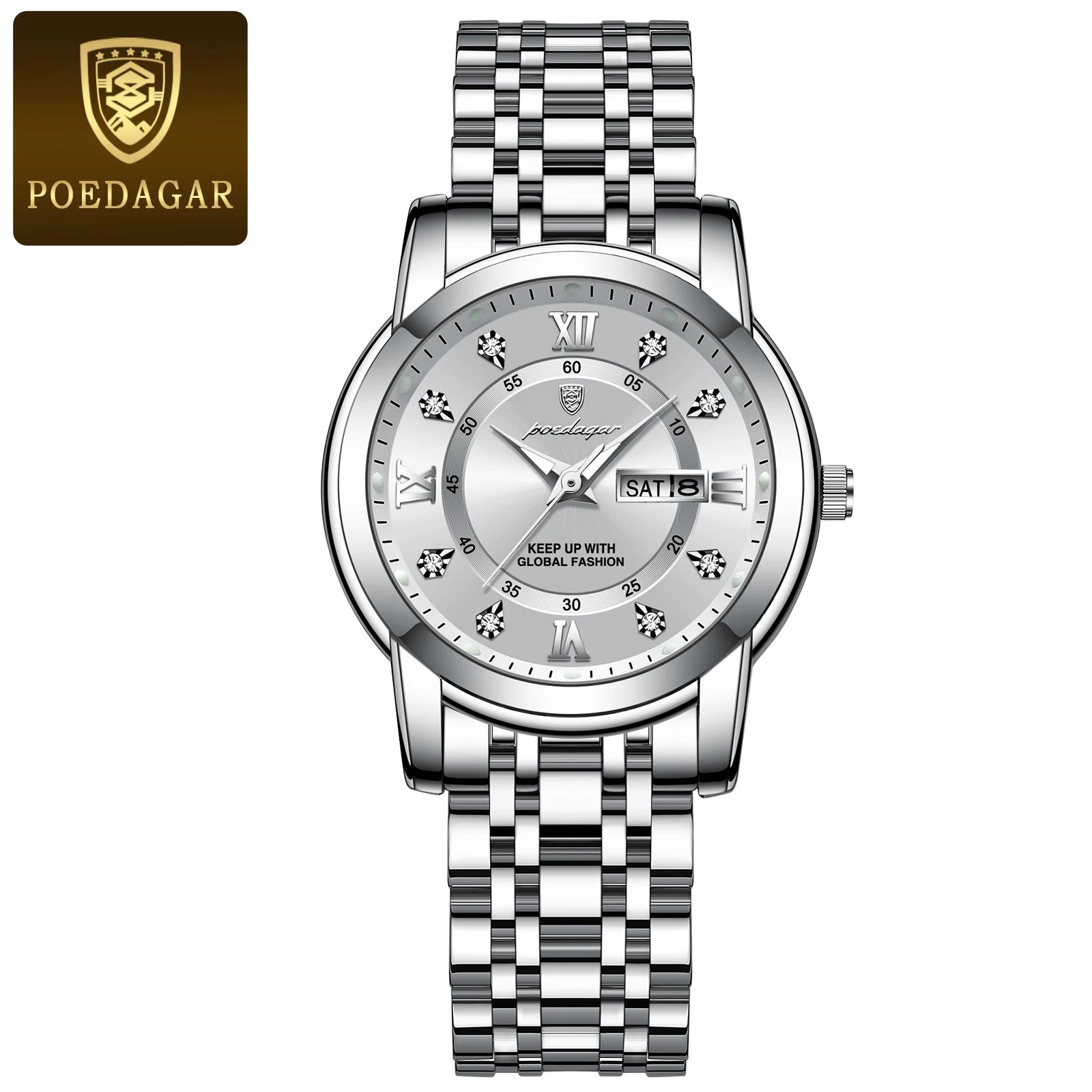 POEDAGAR, reloj de pulsera de lujo para mujer, resistente al agua, luminoso, fecha, semana, relojes para mujer, vestido elegante de acero inoxidable, reloj de cuarzo para mujer