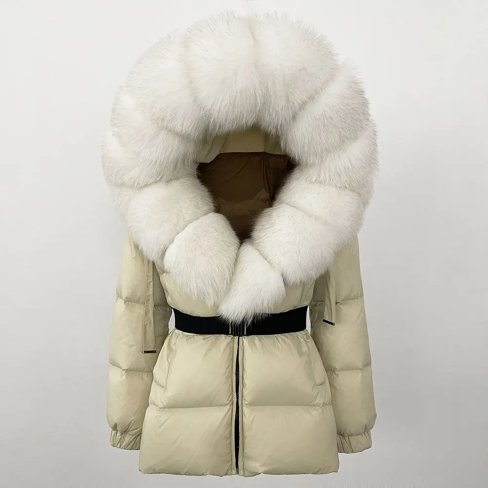 OFTBUY 2025 nueva ropa de invierno para mujer, abrigo de plumón de pato blanco, chaqueta con capucha de piel de zorro Natural, chaqueta acolchada cálida a la moda para mujer