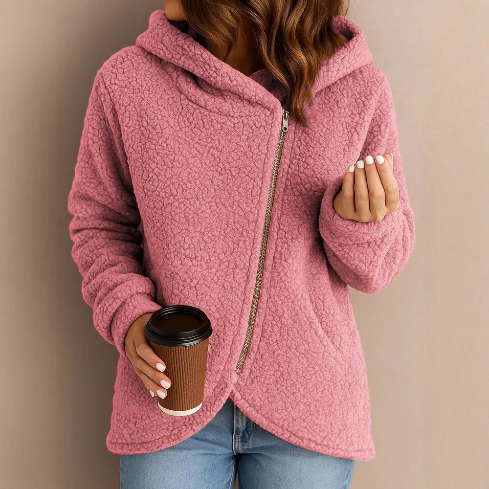 2025 Sudadera gruesa con forro polar para mujer, cárdigan con capucha y cremallera superior, chaqueta de lana de cordero de nuevo estilo a la moda para invierno