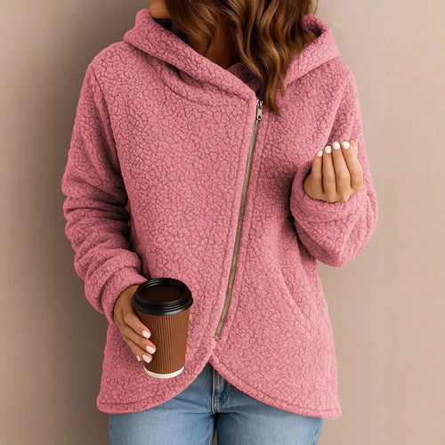 2025 Sudadera gruesa con forro polar para mujer, cárdigan con capucha y cremallera superior, chaqueta de lana de cordero de nuevo estilo a la moda para invierno