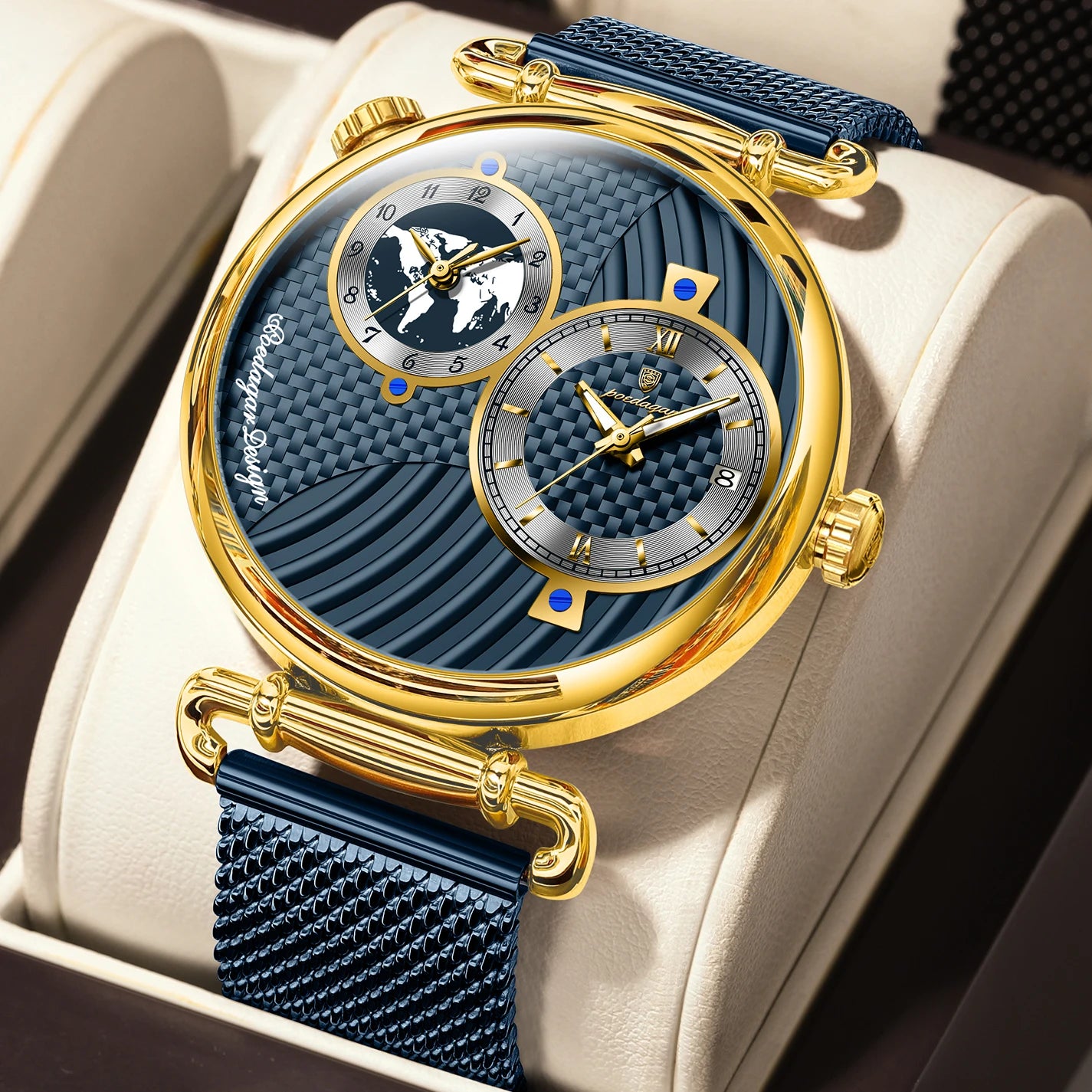 Reloj de hombre POEDAGAR de moda con doble zona horaria, resistente al agua, con fecha, deportivo, de malla de acero inoxidable, de cuarzo + caja.