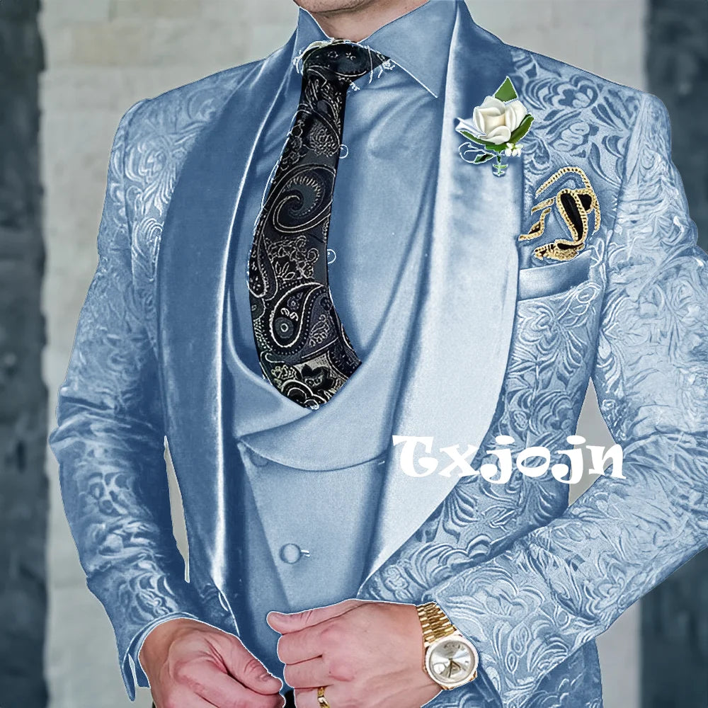 Exquisitos trajes de jacquard de 3 piezas para hombre, conjuntos de novio de boda, bonito conjunto de traje con solapa y chal, ropa de baile, esmoquin Formal para negocios