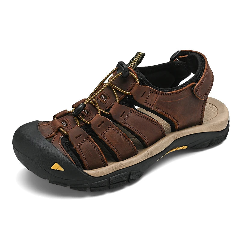 Sandalias de piel auténtica para hombre, zapatos informales transpirables de diseño a la moda, fondo suave, talla grande, para playa y exteriores, novedad de verano