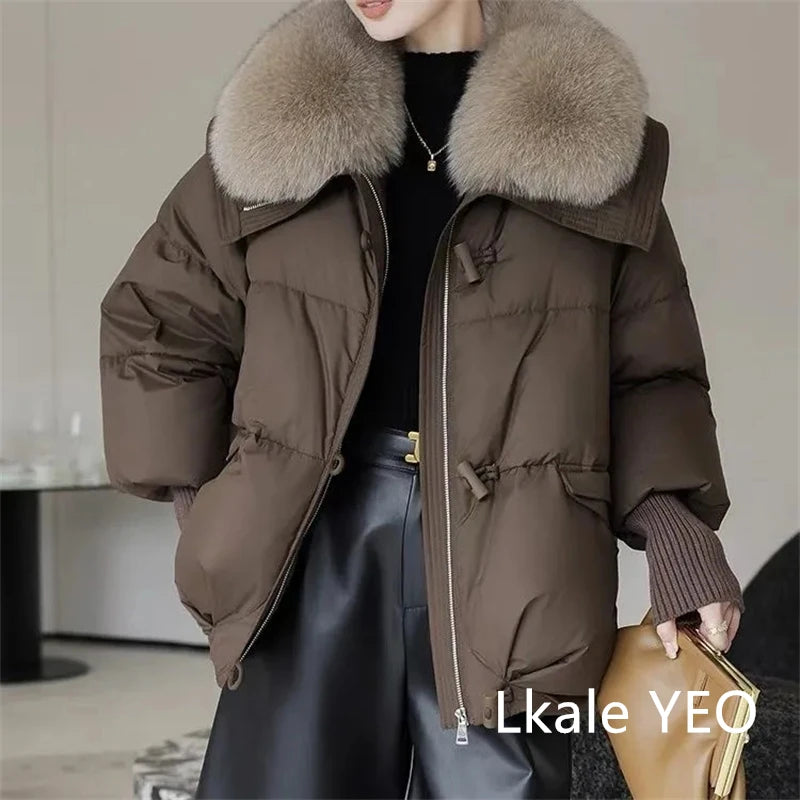 Parka de invierno para mujer, abrigo informal versión coreana, prendas de vestir exteriores para mujer, temperamento grueso, cuello de piel grande, Chaqueta de algodón para mujer 2025