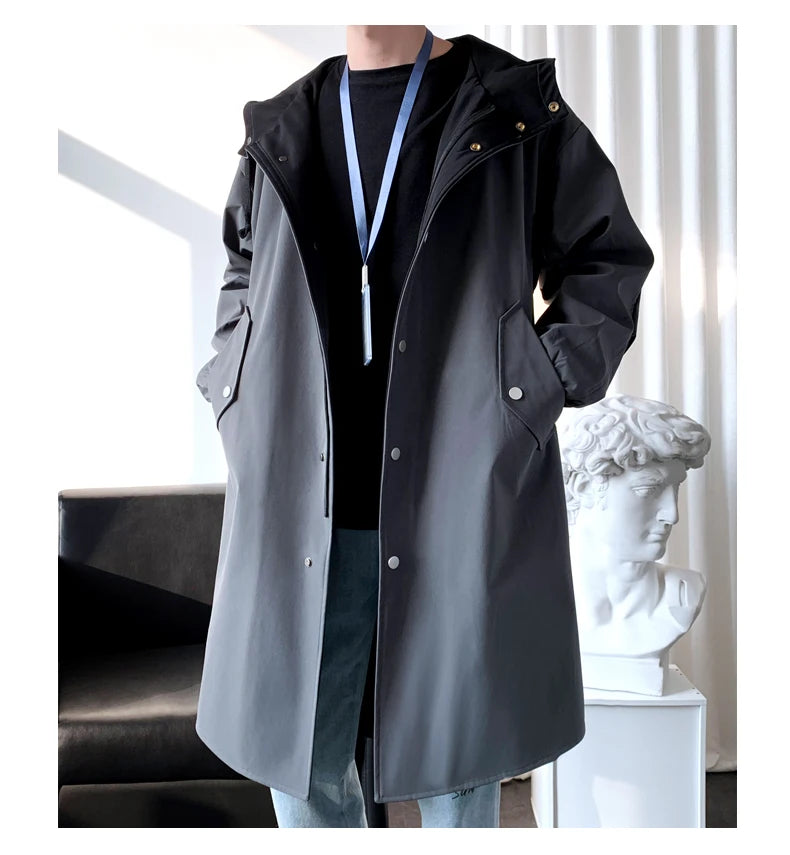 Gabardina para hombre, gabardina con capucha a la moda, otoño, longitud media, cortavientos holgado de un solo pecho, abrigo informal falso de dos piezas