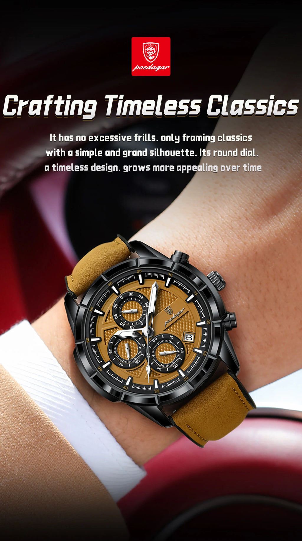 Reloj de pulsera POEDAGAR de lujo para hombre, relojes de cuarzo de cuero originales para hombre, cronógrafo con fecha, reloj luminoso resistente al agua para hombre + caja
