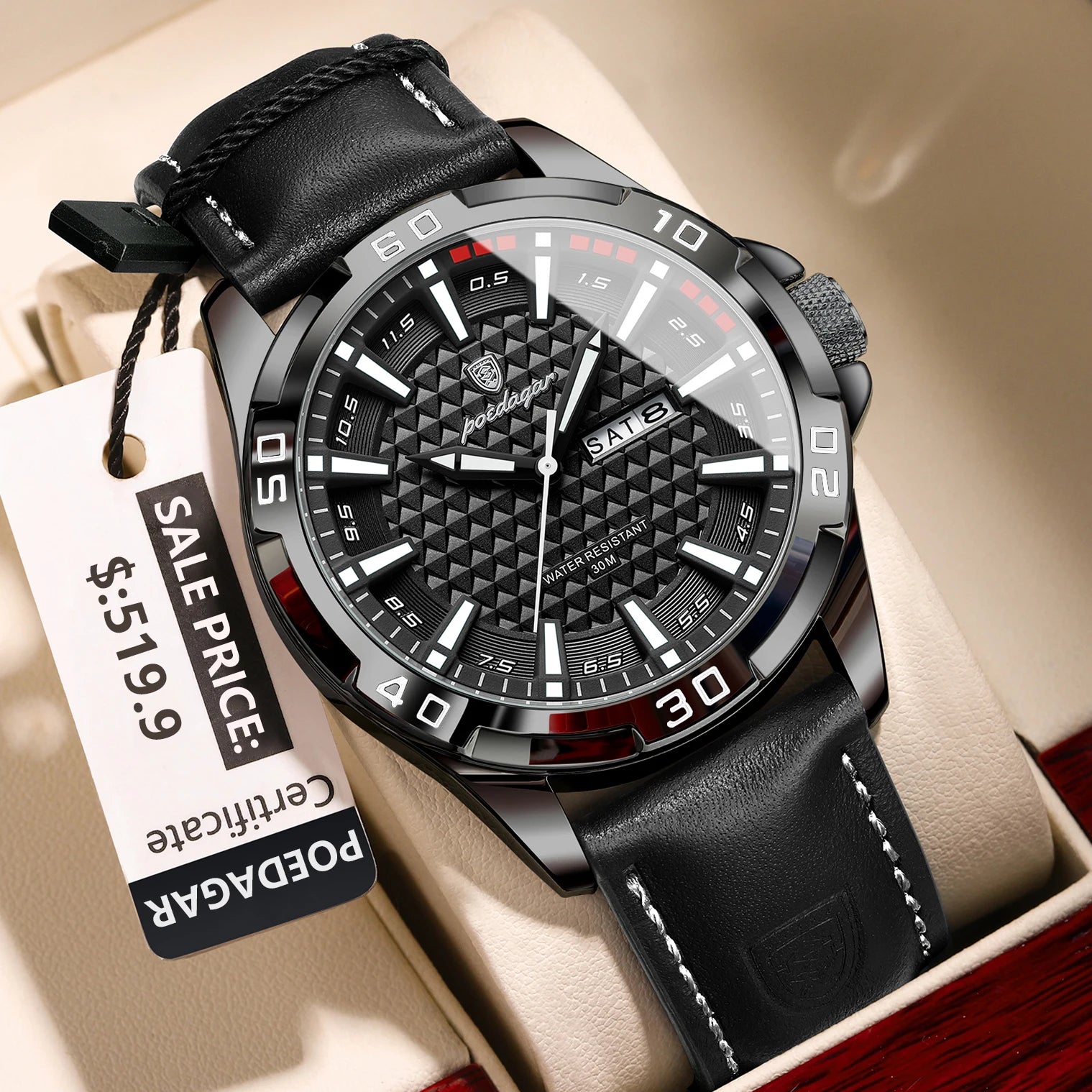 Reloj de pulsera POEDAGAR Original para hombre, Reloj de lujo resistente al agua con fecha luminosa y semana para hombre, relojes deportivos de cuero de cuarzo para hombre