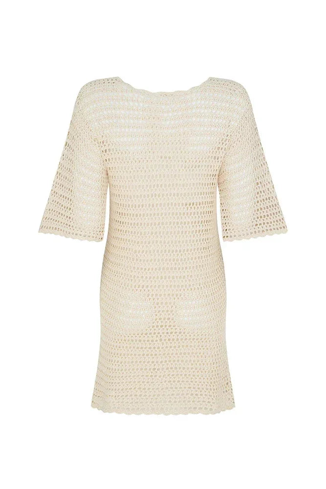 2024 Sexy de punto con cuello en V media manga ahueca hacia fuera la playa Mini vestido de verano 2024 mujeres playa túnica traje de baño cubrir traje Casual K19