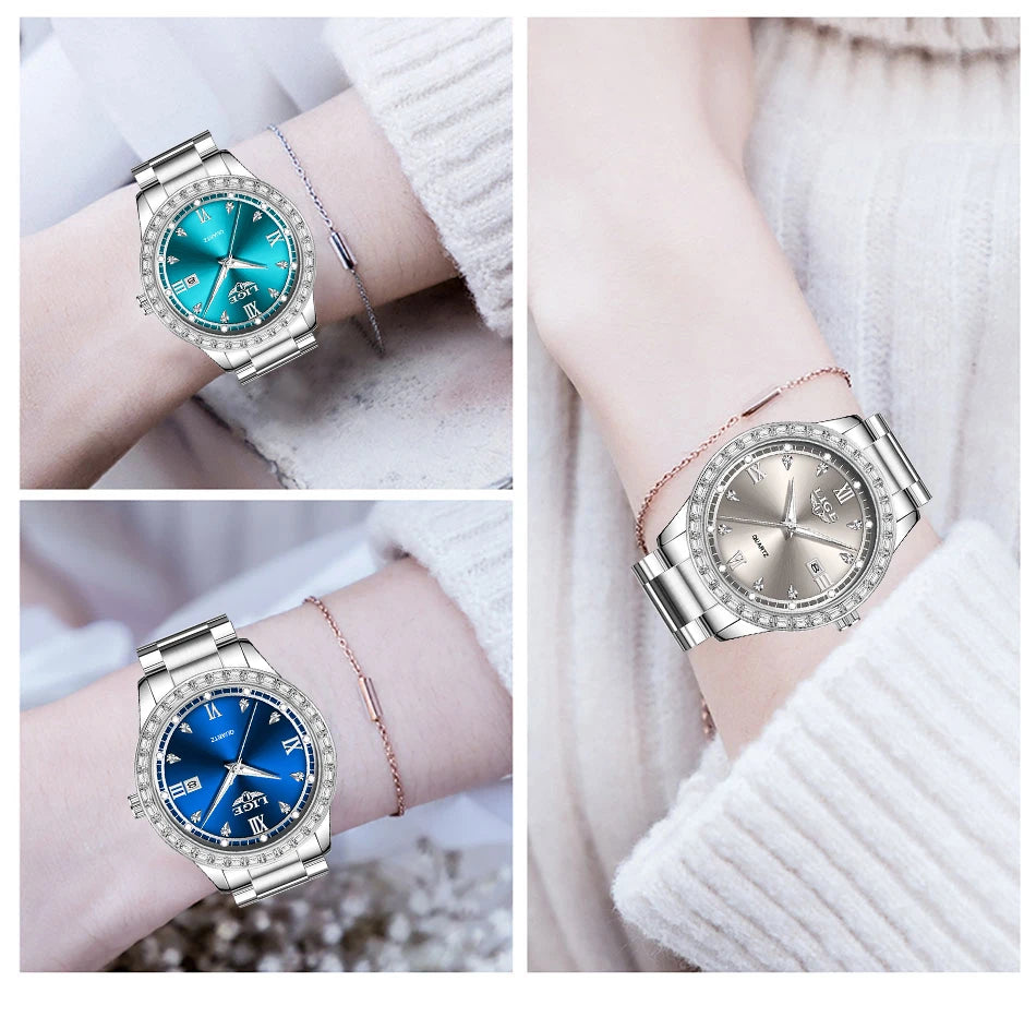 Reloj LIGE elegante para mujer, reloj resistente al agua a la moda, reloj luminoso de cuarzo de negocios de acero inoxidable para mujer, reloj de mujer + caja