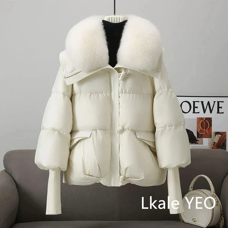 Parka de invierno para mujer, abrigo informal versión coreana, prendas de vestir exteriores para mujer, temperamento grueso, cuello de piel grande, Chaqueta de algodón para mujer 2025