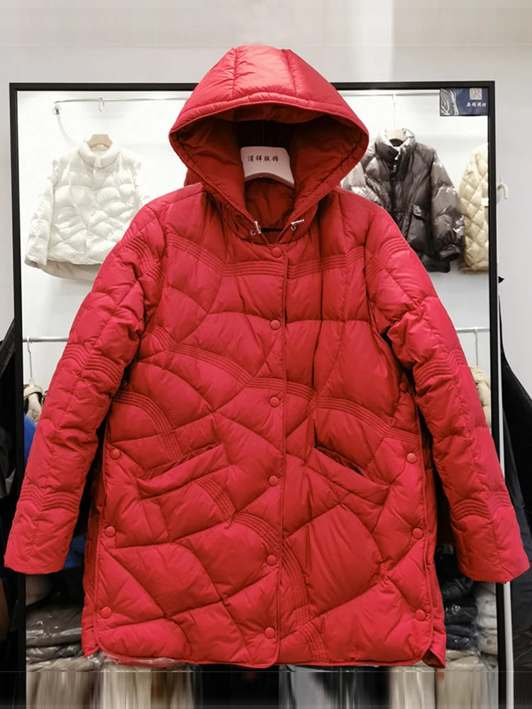 Lagabogy-abrigo holgado de plumón de pato blanco para mujer, Tops Vintage de un solo pecho, chaqueta acolchada cálida con capucha y bolsillo para mujer, exterior, 2025