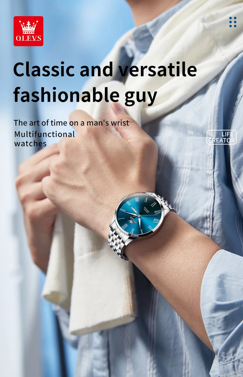 OLEVS, reloj minimalista de negocios de acero inoxidable para hombre, manecillas luminosas de lujo, calendario a escala romana, relojes de cuarzo resistentes al agua para hombre