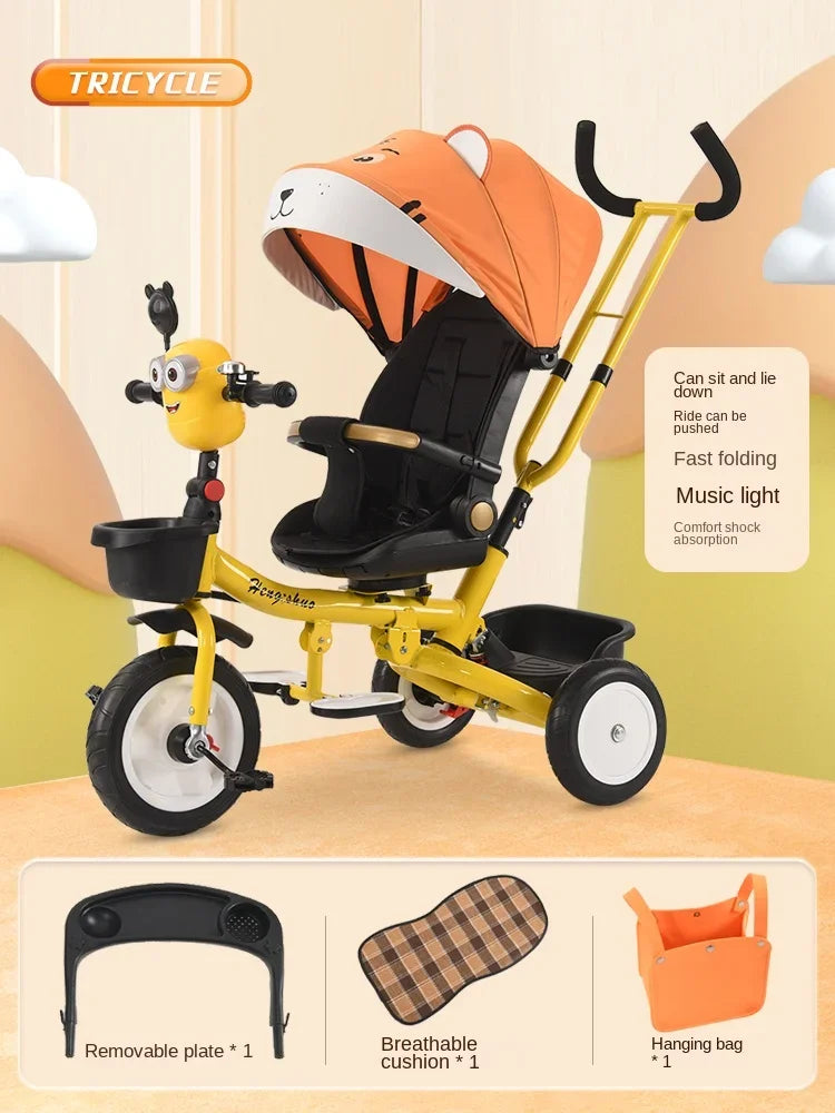 The tricycle can be folded, reclined, and sat in, and the bicycle can be pushed by hand