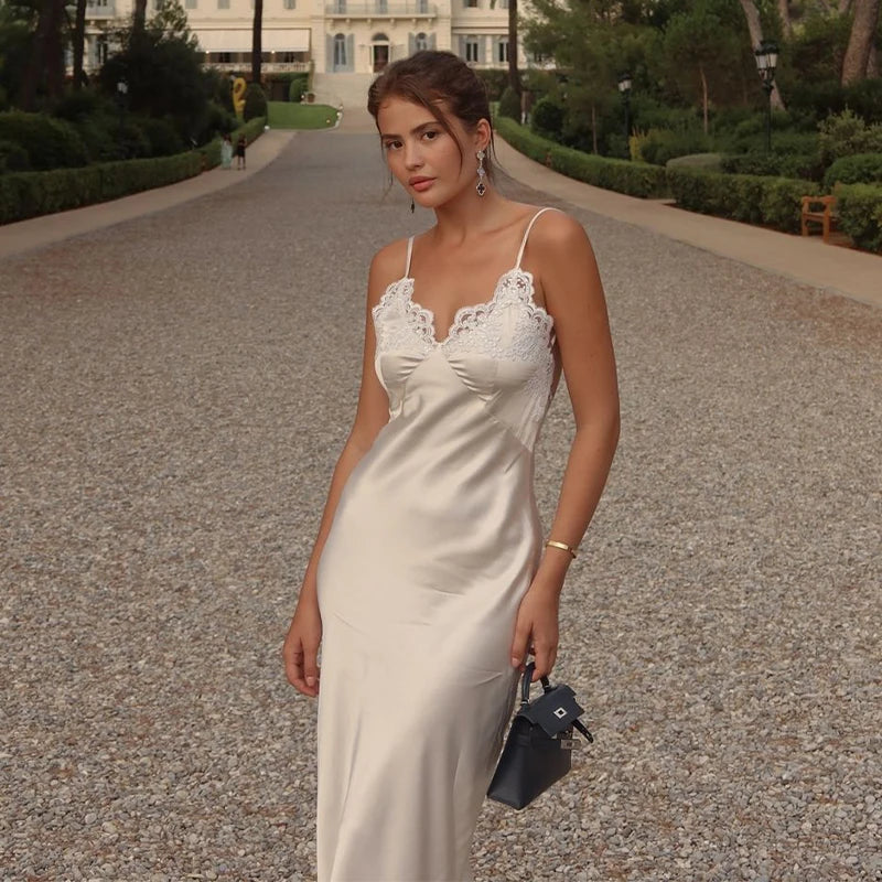Vestido largo elegante de encaje con retazos para mujer, vestido Sexy con cuello en V sin mangas y espalda descubierta de satén, vestido largo ajustado, vestidos de fiesta de noche para mujer 2025