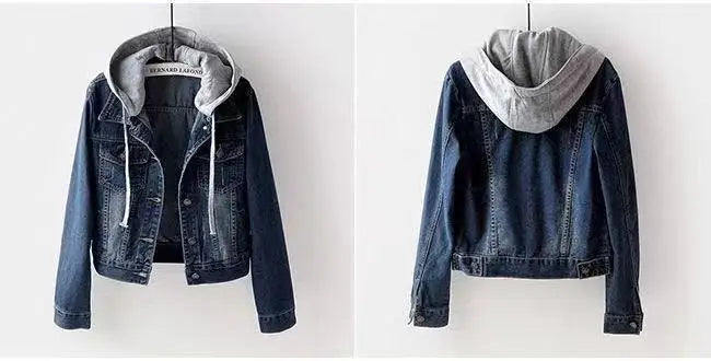 Chaqueta corta de mezclilla para mujer corta Otoño Invierno coreano de manga larga delgada con capucha versátil