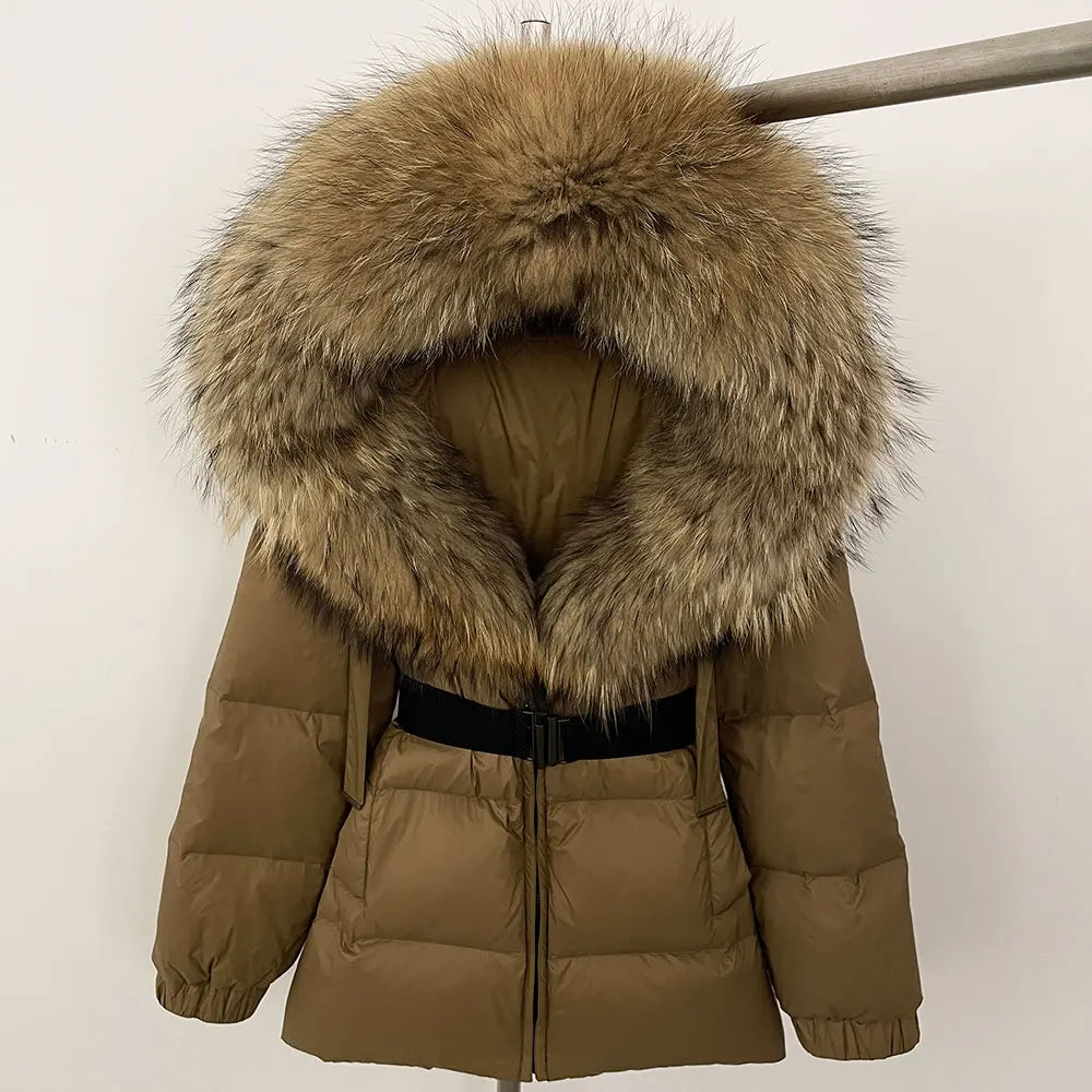 OFTBUY 2025 nueva ropa de invierno para mujer, abrigo de plumón de pato blanco, chaqueta con capucha de piel de zorro Natural, chaqueta acolchada cálida a la moda para mujer