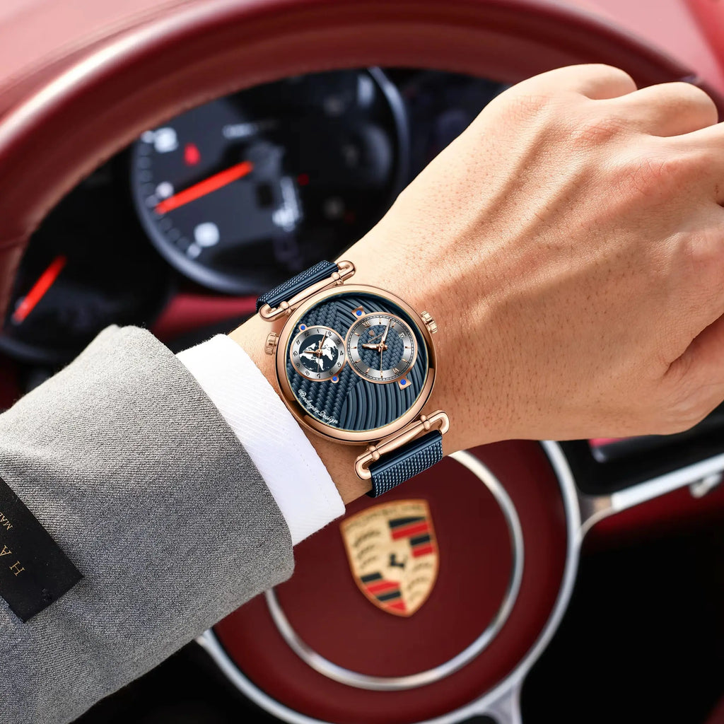 Reloj de hombre POEDAGAR de moda con doble zona horaria, resistente al agua, con fecha, deportivo, de malla de acero inoxidable, de cuarzo + caja.
