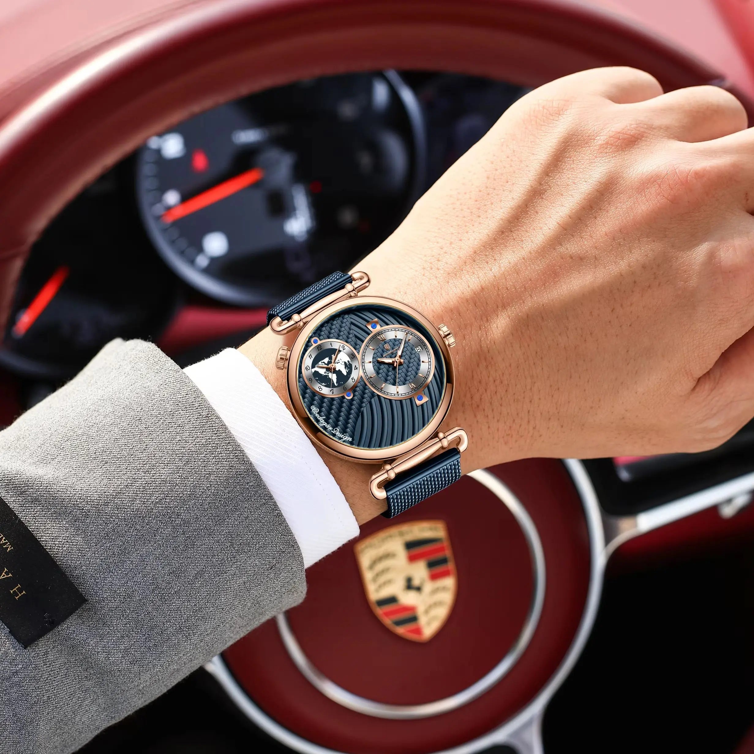 Reloj de hombre POEDAGAR de moda con doble zona horaria, resistente al agua, con fecha, deportivo, de malla de acero inoxidable, de cuarzo + caja.