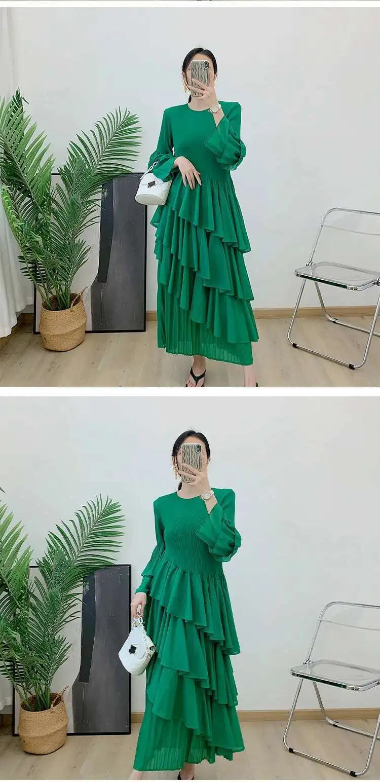 GVUW, vestido plisado para mujer, manga acampanada completa, línea A, volantes empalmados, cuello redondo, fiesta de noche, ropa elegante para mujer 17G4475