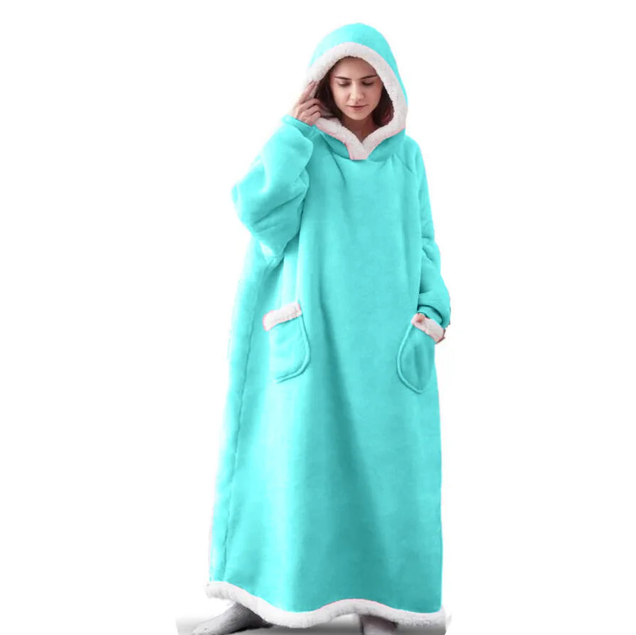 Suer-Manta larga de franela Sherpa, manta cálida de invierno con mangas, sudaderas con capucha, manta de TV de gran tamaño, jersey