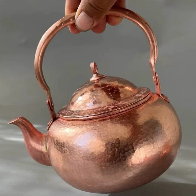 Cafetera de cobre Vintage, textura de martillo hecha a mano para acampar con tapa, hervidor portátil, tetera con filtro grueso resistente al calor