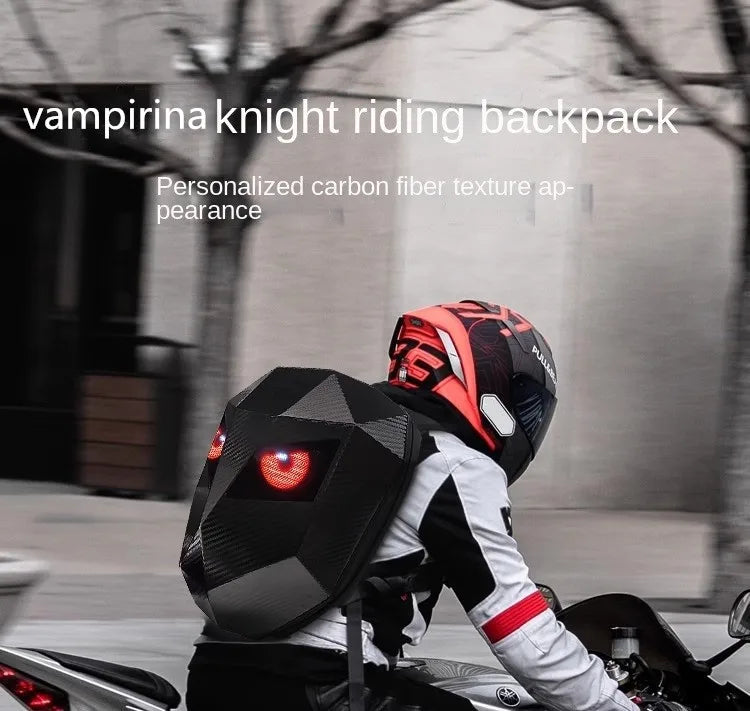 Mochila LED para Motociclistas con Ojos Brillantes, Textura de Fibra de Carbono, Casco, Mochila Escolar, Mochila para Portátil de Moto