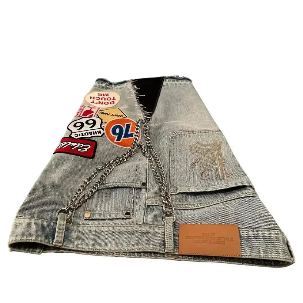 Ropa de calle, pantalones cortos vaqueros holgados de Fitness para hombres y mujeres, pantalones cortos vaqueros con parche gráfico de dibujos animados Harajuku Hip Hop, pantalones cortos góticos Retro azules