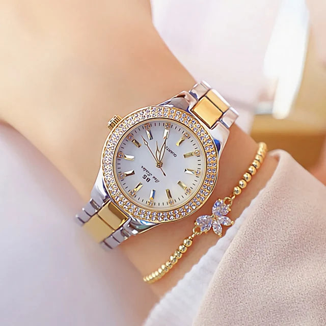 Relojes de pulsera de acero inoxidable para mujer, reloj dorado con diamantes de cristal, plateado