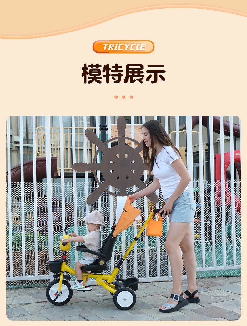 El triciclo se puede plegar, reclinar y sentarse, y la bicicleta se puede empujar a mano