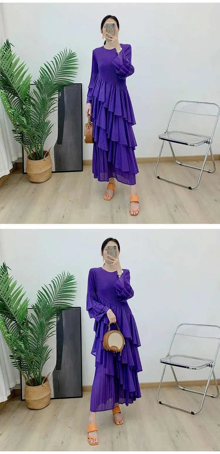 GVUW, vestido plisado para mujer, manga acampanada completa, línea A, volantes empalmados, cuello redondo, fiesta de noche, ropa elegante para mujer 17G4475