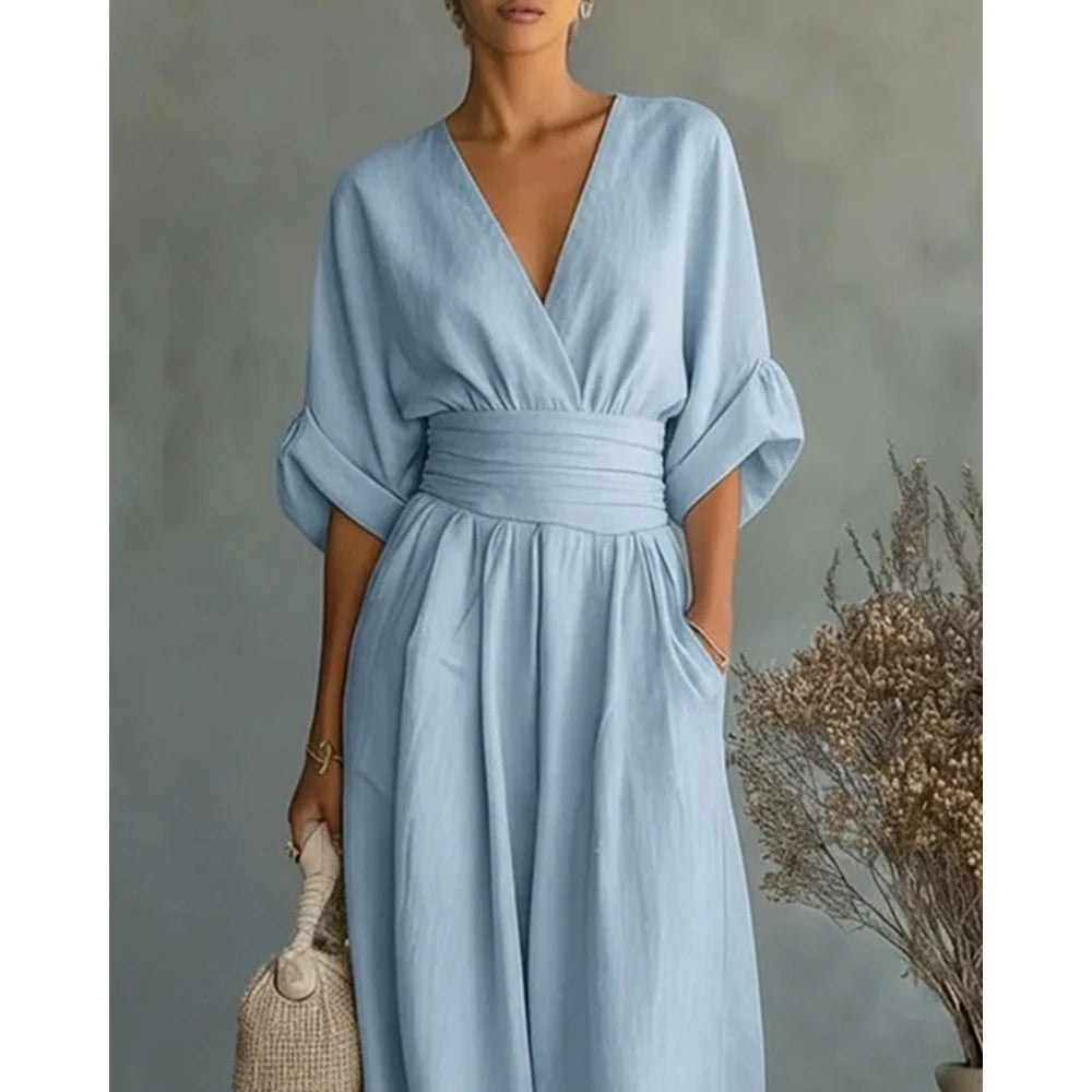 Mono Irregular fruncido sin mangas con cuello redondo liso para mujer con bolsillos, peleles amarillos de pierna recta para verano, trajes de calle