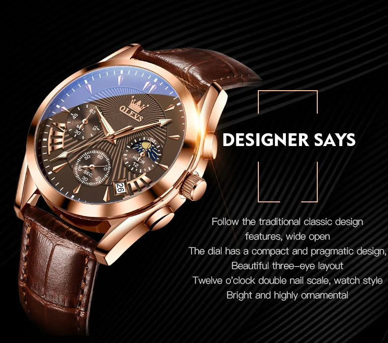 OLEVS 2876 reloj para hombre con correa de cuero reloj de cuarzo resistente al agua fase lunar luminosa relojes cronógrafo multifuncionales para regalo de hombre