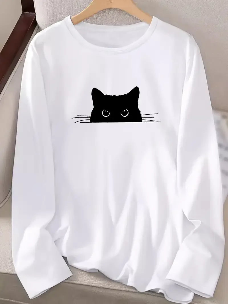 Camiseta de gato negro, camiseta gótica divertida, camiseta informal de manga larga con estampado de gato negro para mujer, camiseta con cuello redondo