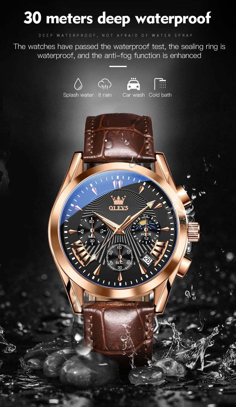OLEVS-reloj de cuarzo resistente al agua para hombre, cronógrafo de pulsera con correa de cuero, marca de lujo Original, alta calidad, a la moda