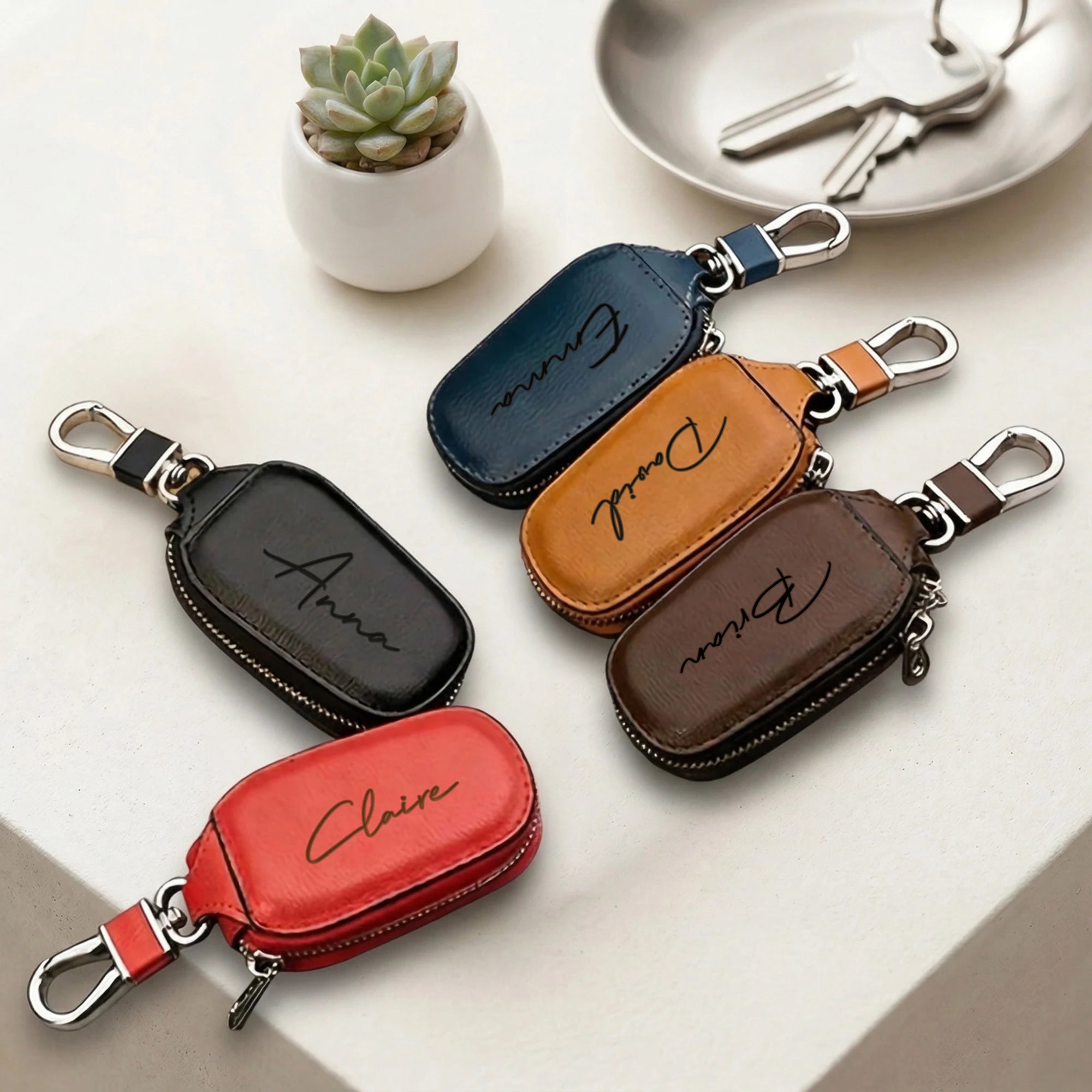 Estuche para Llaves Personalizado con Cremallera, Grabado Láser, Nombre Personalizado, Funda Creativa para Llavero con Cremallera, Cuero Sintético PU Resistente, Regalos