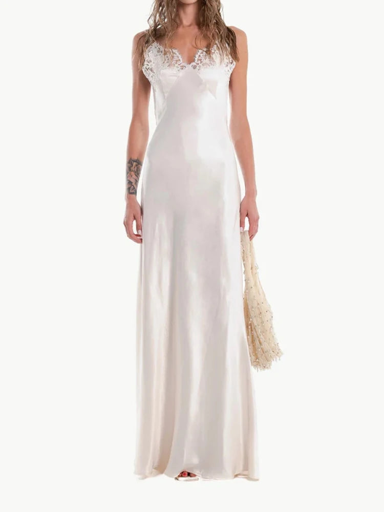 Vestido largo elegante de encaje con retazos para mujer, vestido Sexy con cuello en V sin mangas y espalda descubierta de satén, vestido largo ajustado, vestidos de fiesta de noche para mujer 2025