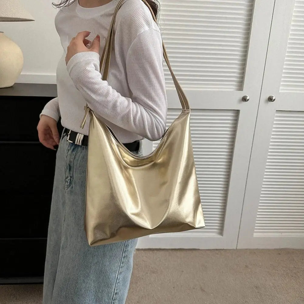 Bolso de mano con asa superior de PU para mujer, bolso de compras de diseñador de lujo, bolso de mano informal de cuero dorado plateado de alta capacidad, moda